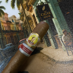 Cigar with a label on a decorative tray featuring a cityscape. Bolívar Libertador Regional Edition France 