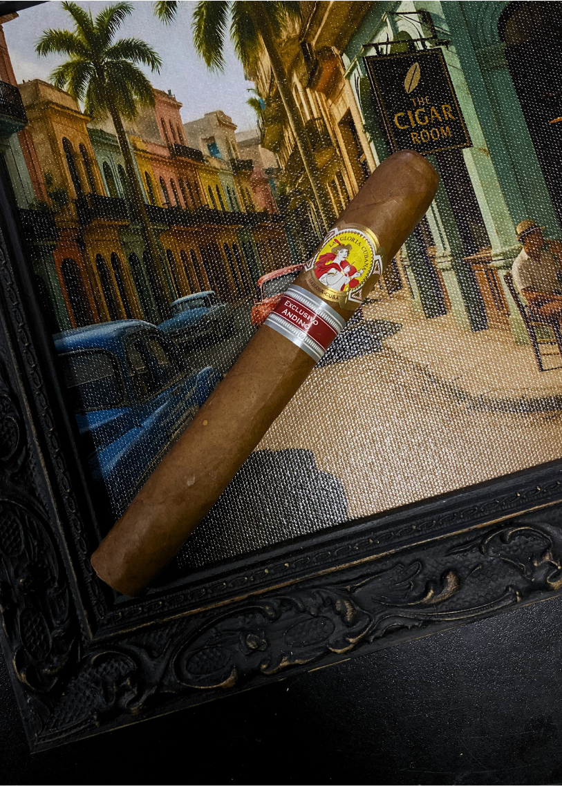 Cigar with a band on a decorative stand featuring a cityscape background