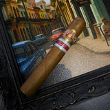 Cigar with a brand logo held in front of a scenic street view, possibly in a tropical or Latin American city.