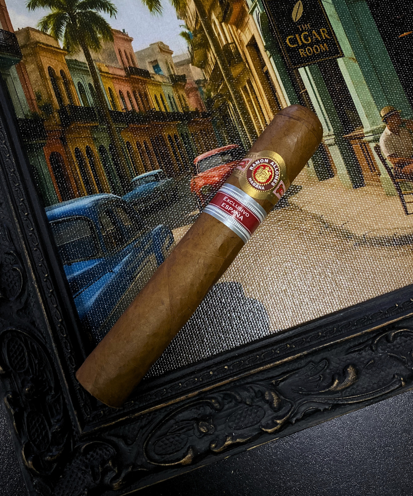 Cigar with a brand logo held in front of a scenic street view, possibly in a tropical or Latin American city.