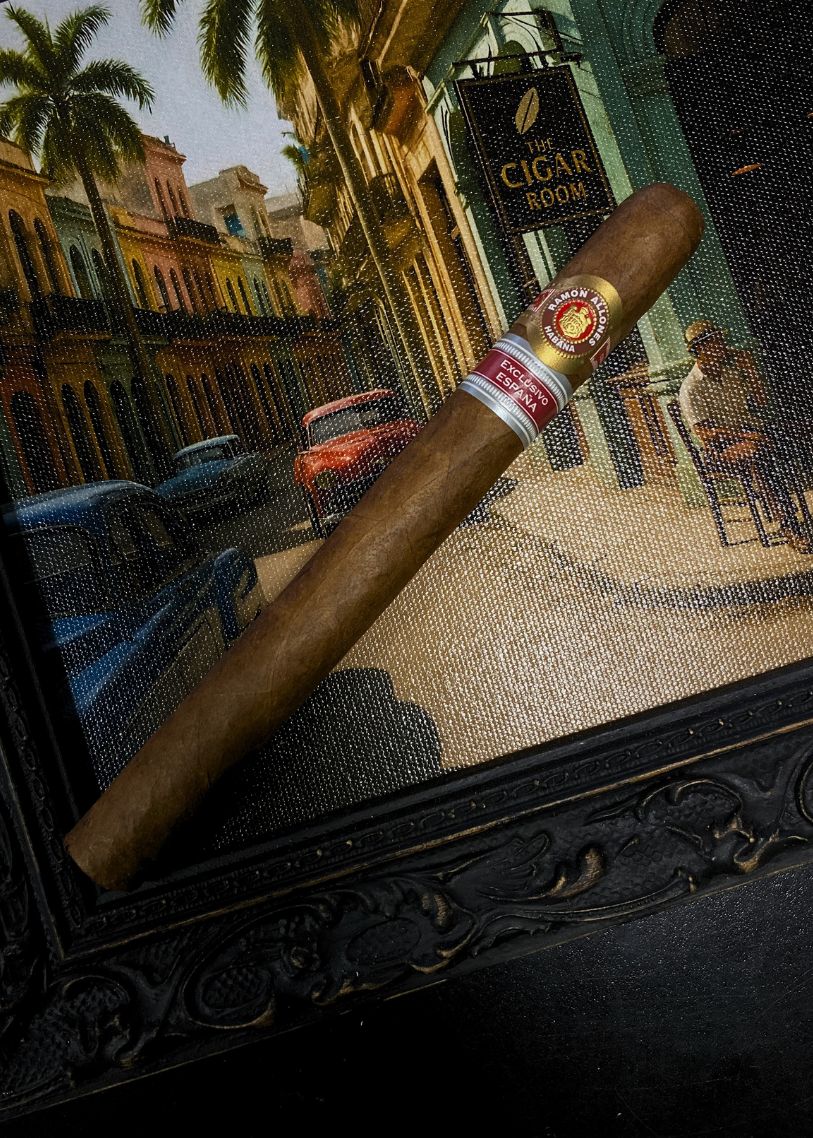 Cigar with a brand label on a decorative frame, set against a city street scene. Ramón Allones Grandes Regional Edition Spain