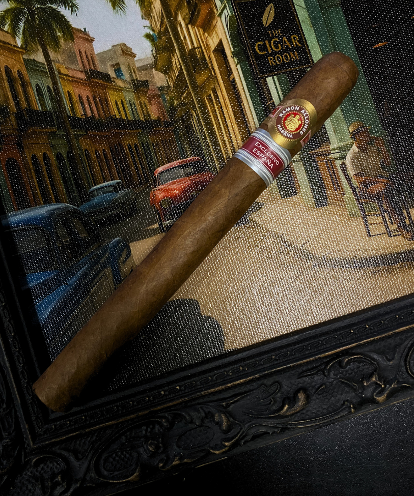 Cigar with a brand label on a decorative frame, set against a city street scene. Ramón Allones Grandes Regional Edition Spain