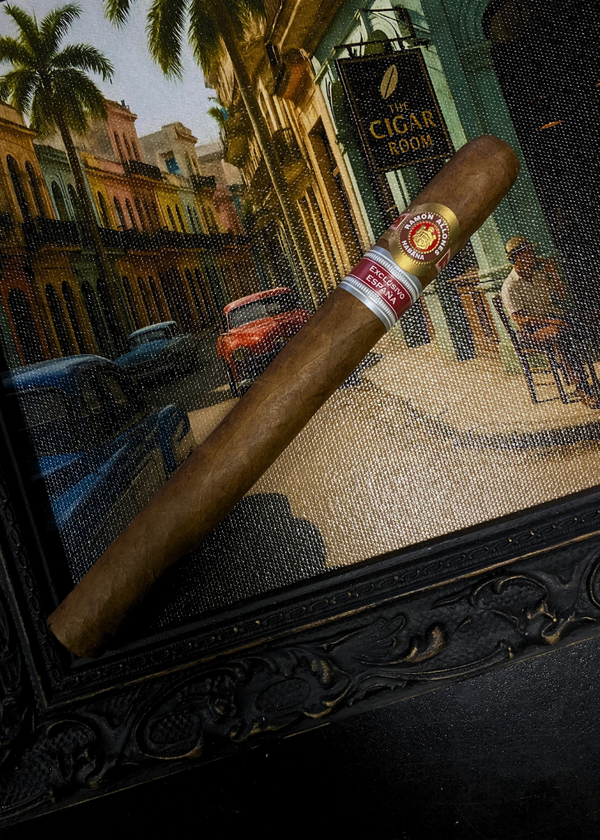 Cigar with a brand label on a decorative frame, set against a city street scene. Ramón Allones Grandes Regional Edition Spain