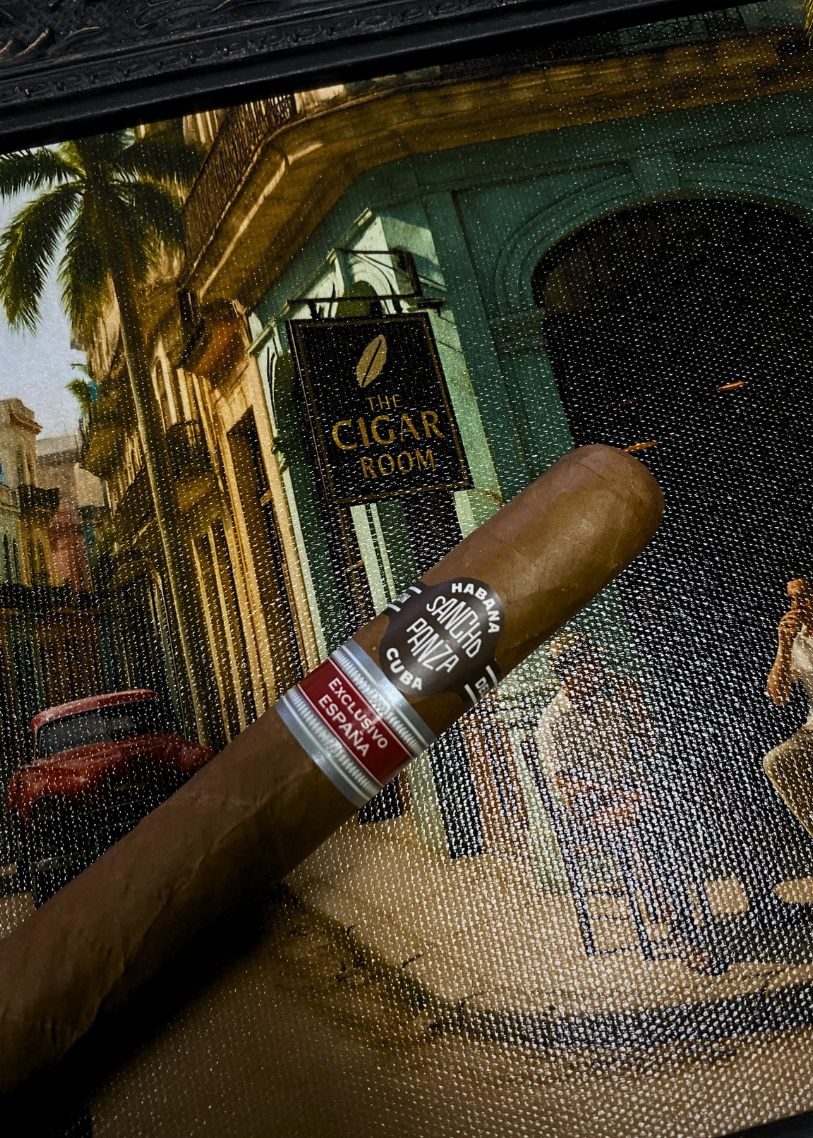 Cigar with a brand logo in front of a vintage 'Cigar Room' sign. Sancho Panza Quijote Regional Edition Spain