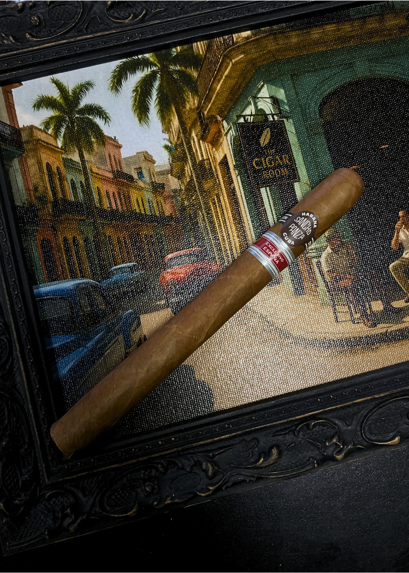 Cigar with a brand label on a decorative background of a street scene. Sancho Panza Quijote Regional Edition Spain