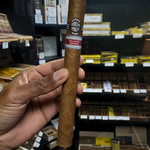 Cigar held by a hand with a store shelf of cigars in the background. Sancho Panza Quijote Regional Edition Spain