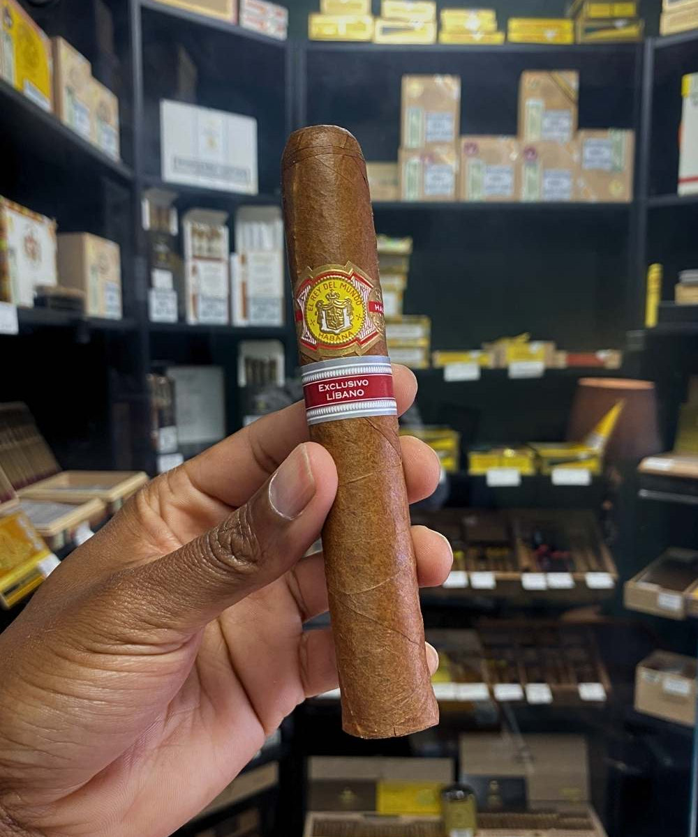 Cigar held in a hand with a blurred background of shelves with cigars
