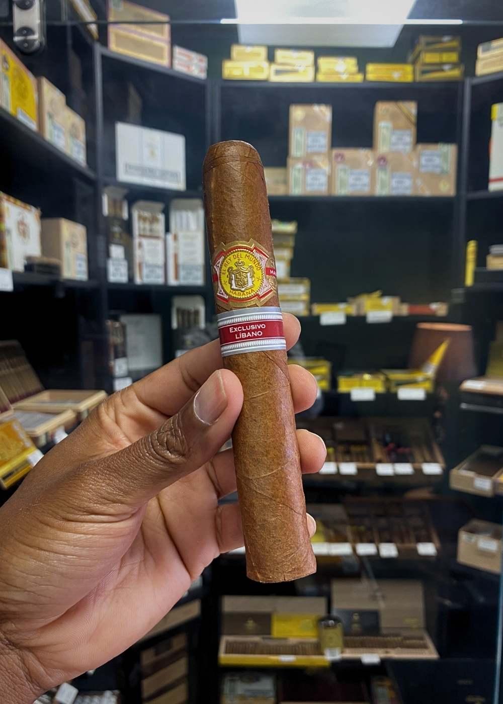 Cigar held in a hand with a blurred background of shelves with cigars
